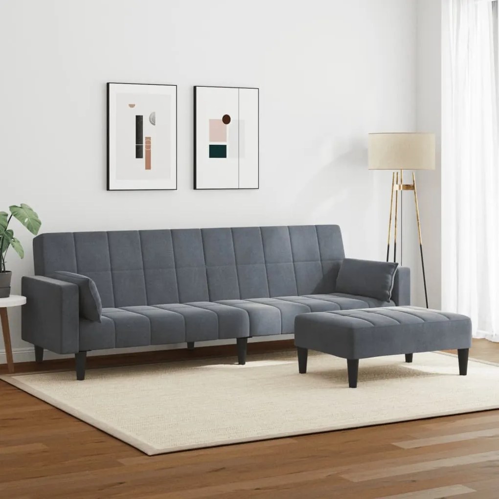 Sofá-cama 2 lugares c/ apoio de pés veludo cinzento-escuro