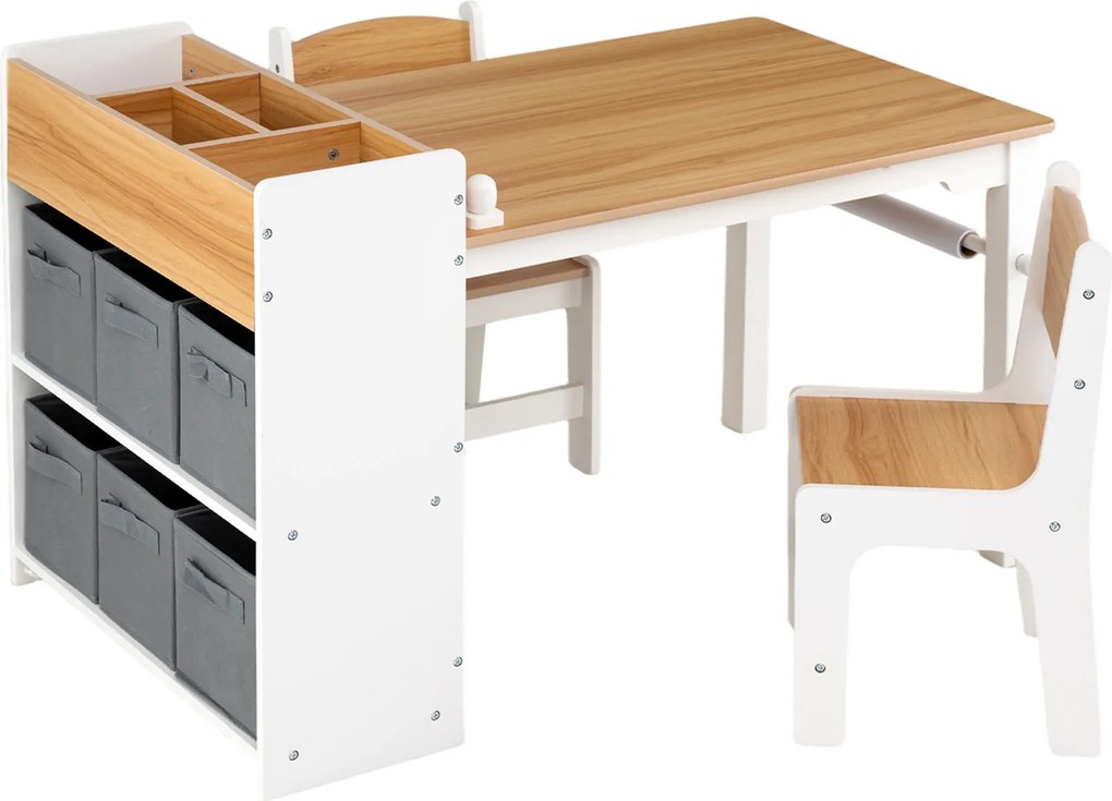 Conjunto de Mesa de Desenho Infantil e 2 Cadeiras, 102 x 58 x 64 cm, Arrumação Integrada, Madeira