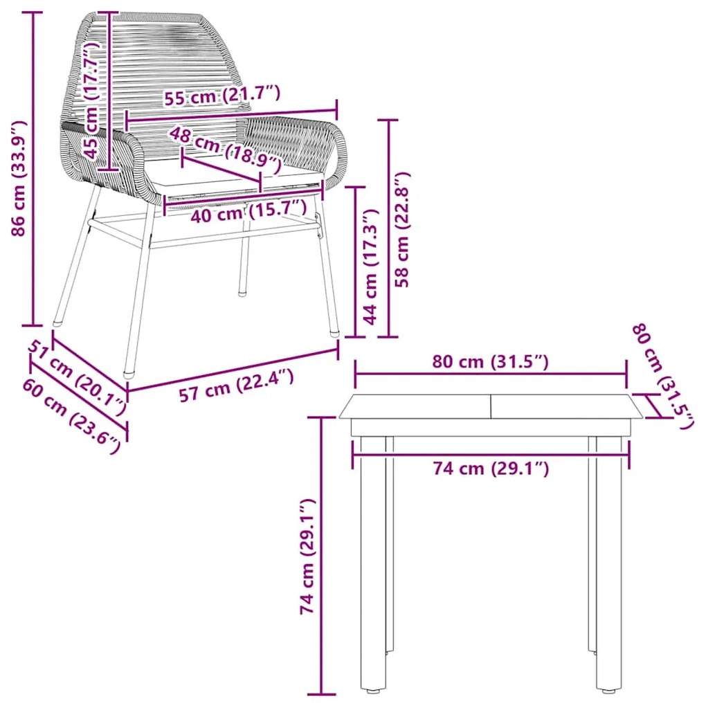 Conjunto jantar jardim 3 peças almofadas vidro vime cinzento PE