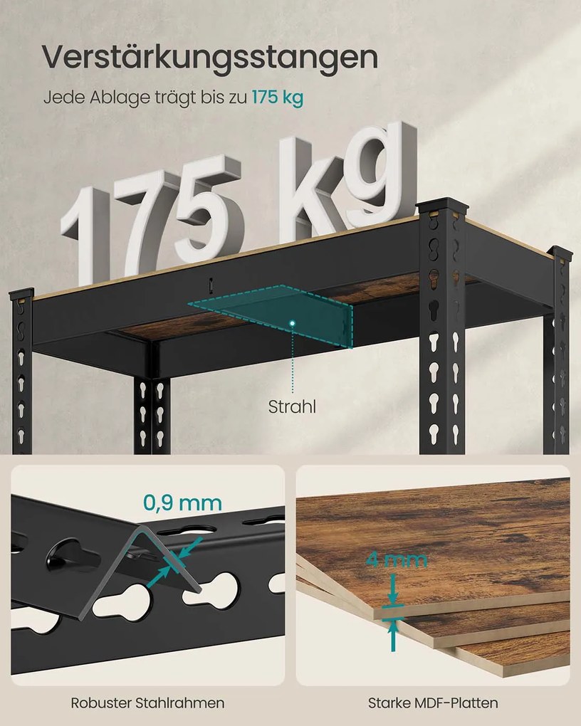 Estante para cargas pesadas com 5 prateleiras 30 x 75 x 150 cm preto e castanho vintage