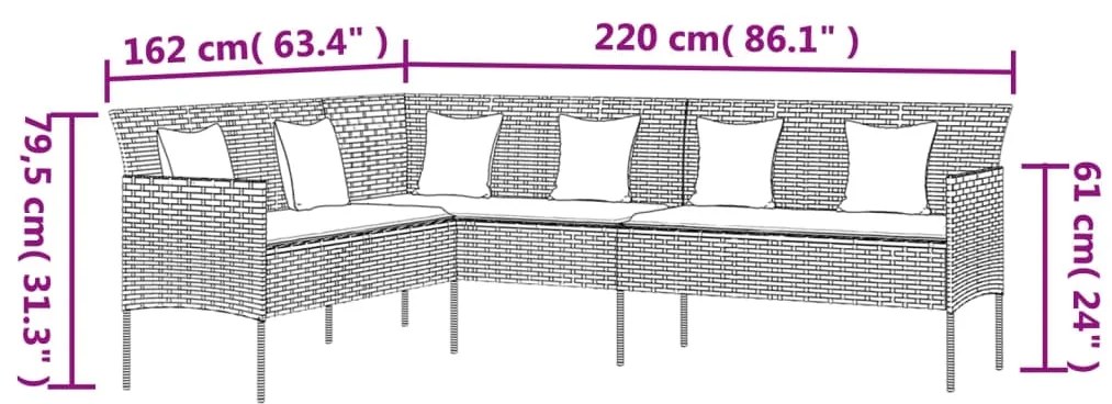 Sofá em forma de L p/ jardim c/ almofadões vime PE cinzento