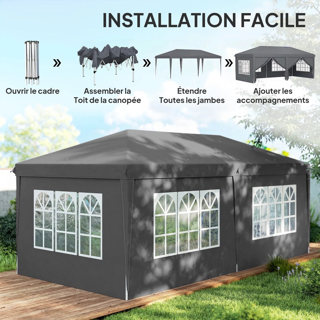 Tenda de jardim 3x6 m tipo Barnum dobrável com laterais removíveis, estrutura de aço reforçada e saco de transporte, cinzento escuro
