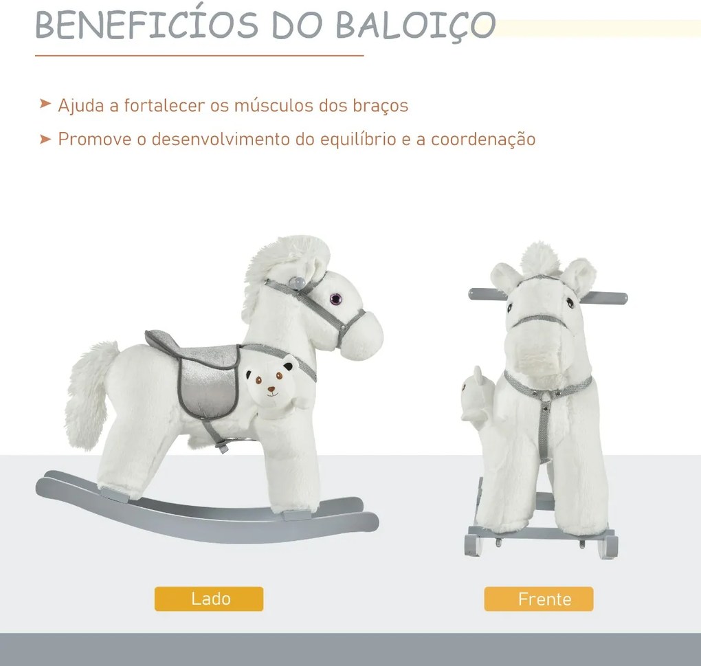 Cavalo Baloiço para Crianças de 18-36 Meses Cavalo de Balançar com Ursinho de Pelúcia Sons de Relinchos e Galopes base de Madeira 65x26x55cm Branco