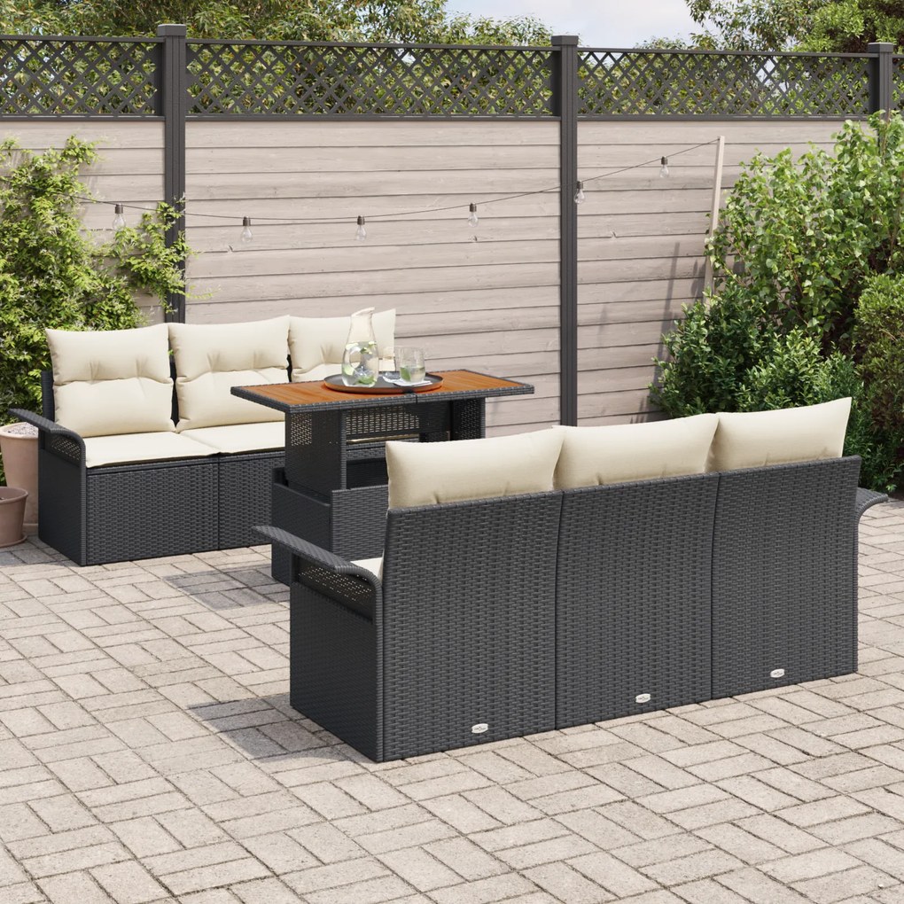 Conjunto de Sofá para Jardim de 7 Peças com Almofadas Preto Polirattan