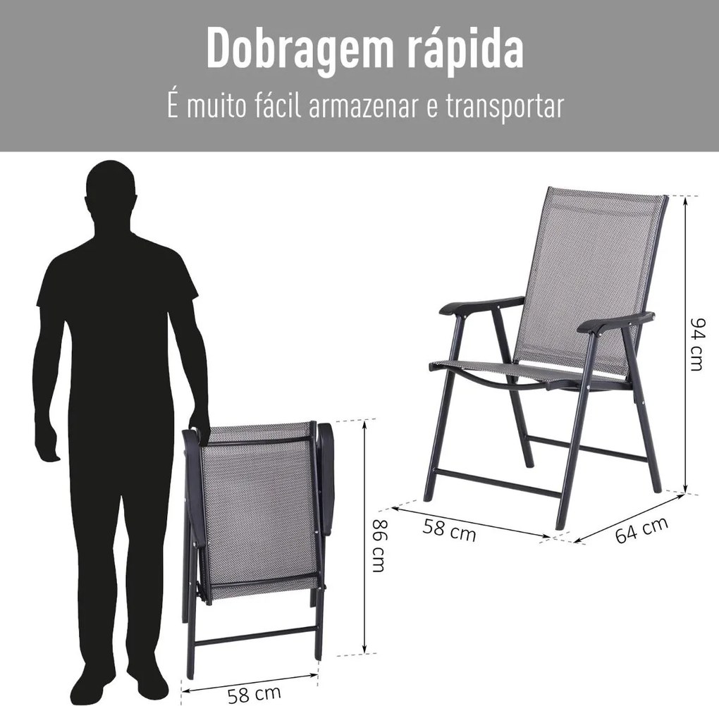Conjunto de 2 cadeiras dobráveis Com apoio de braços para varanda Jardim Terraço Carga 100kg 58x64x94 cm Cinza