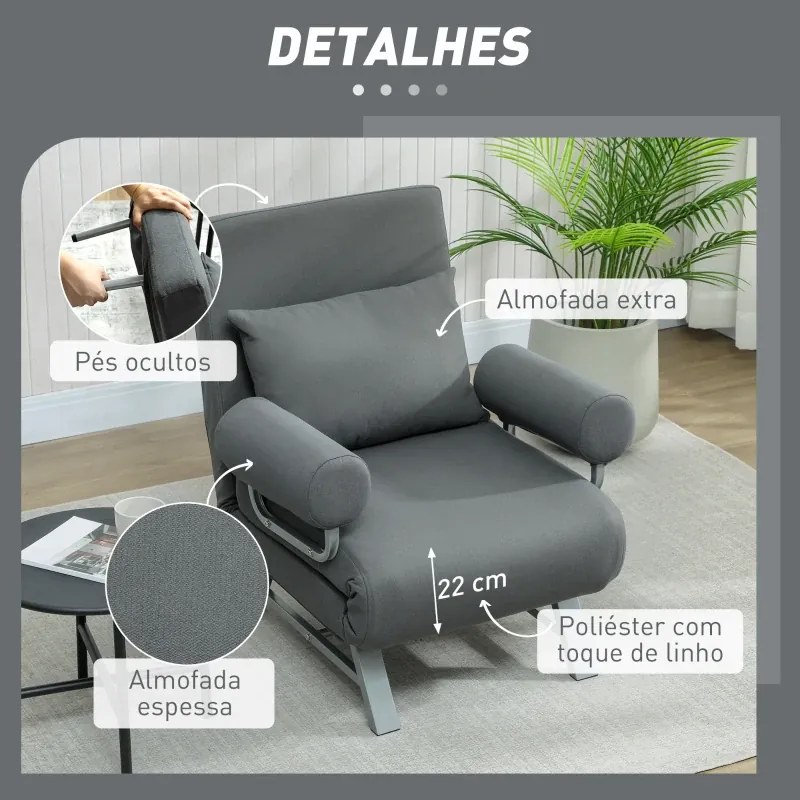 Poltrona sofá Cama Dobrável Estofado em Linho Sintético com Encosto Ajustável em 5 Níveis e Almofada Acolchoada 73x78x81 cm Cinzento Escuro