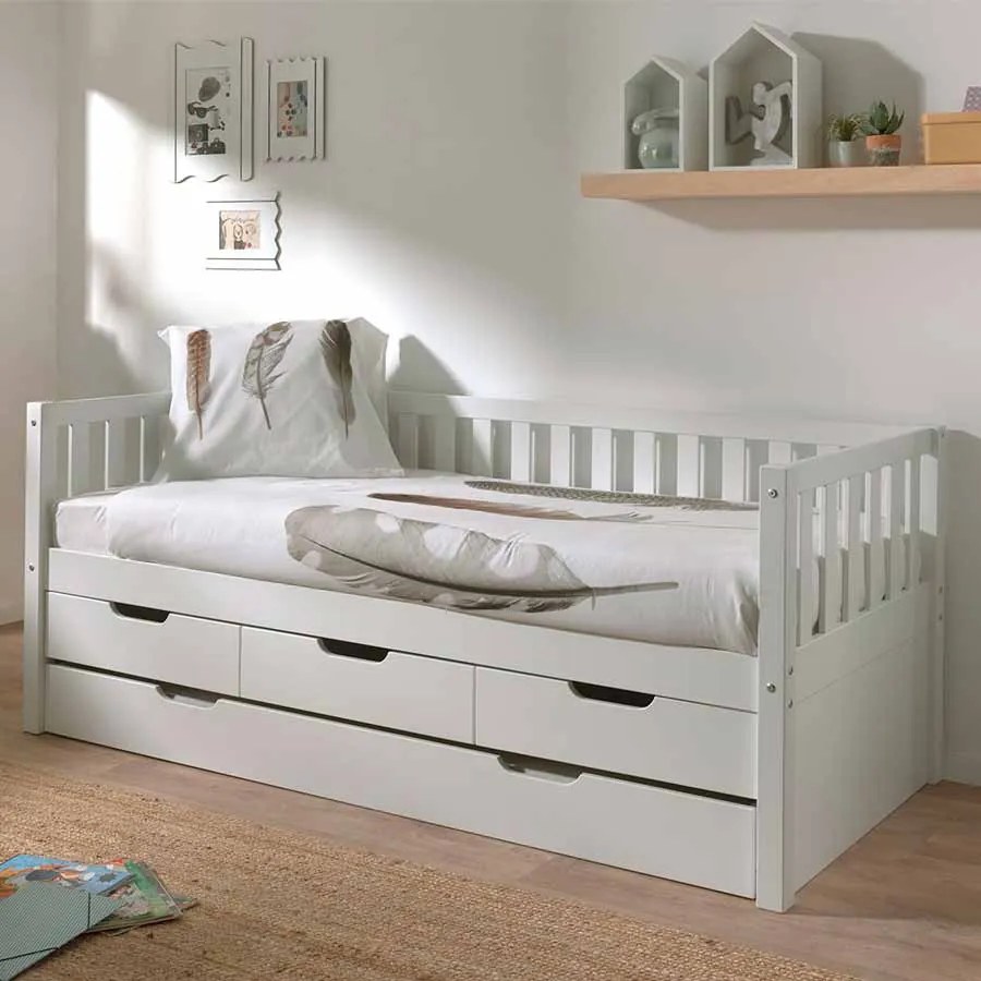 Cama infantil FRITZ (90x200) com 3 gavetas + Gaveta inferior + Estrado Branca