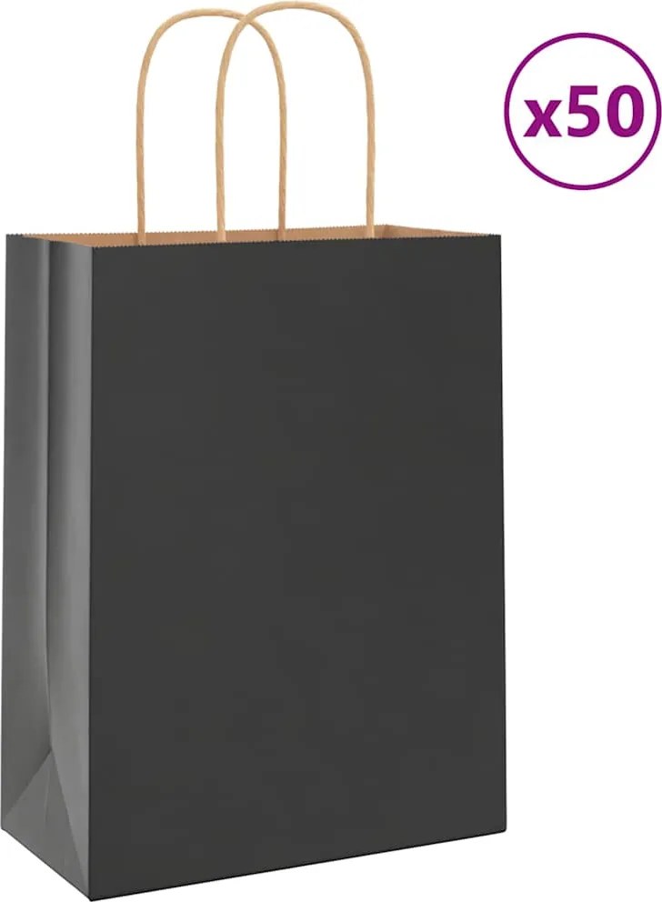 vidaXL Sacos de papel 50 unid com alças preto 21x11x28 cm