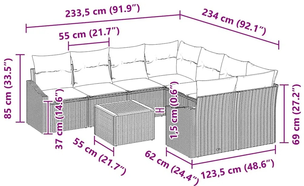 Conjunto de Sofá de Jardim com 9 Peças e Almofadas Beiges de Rattan Po