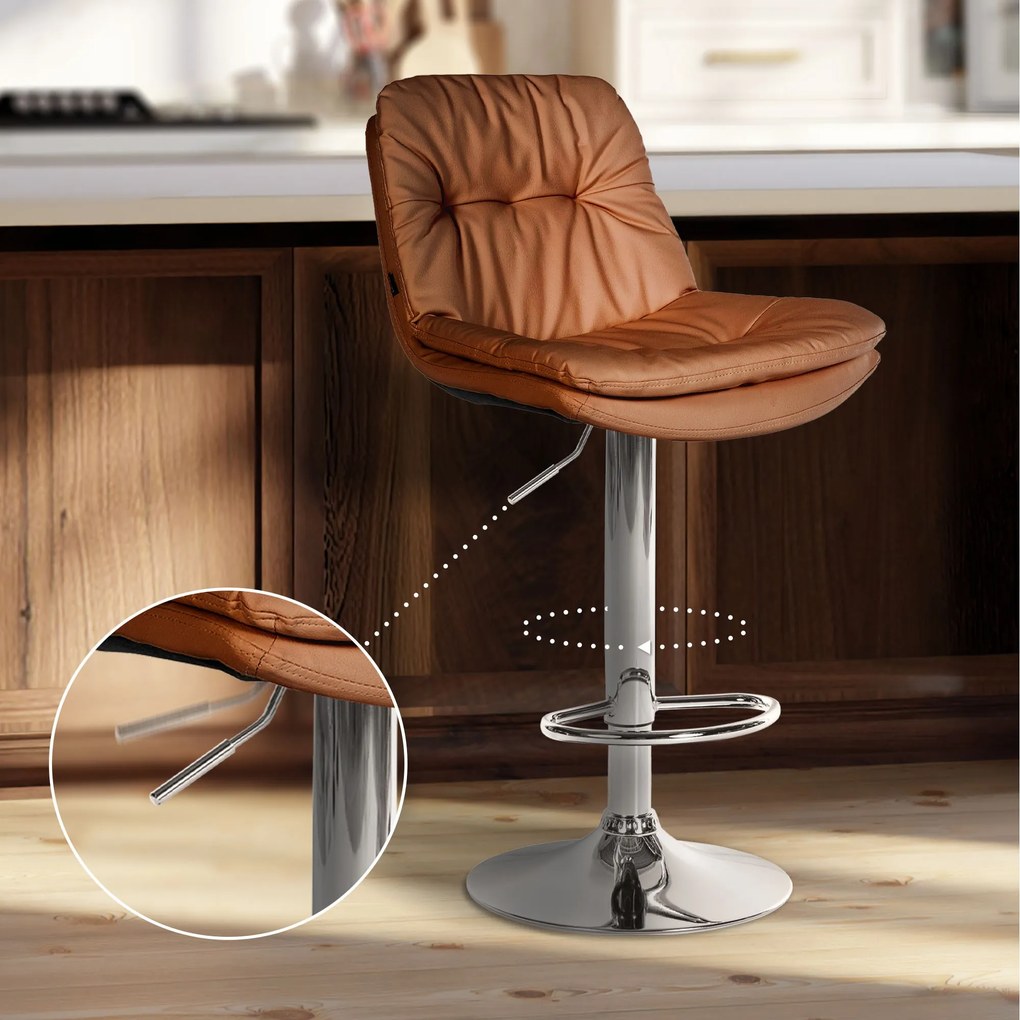 Banco de bar em couro sintético com estrutura prateada 92-113 x 46 x 54 cm castanho claro
