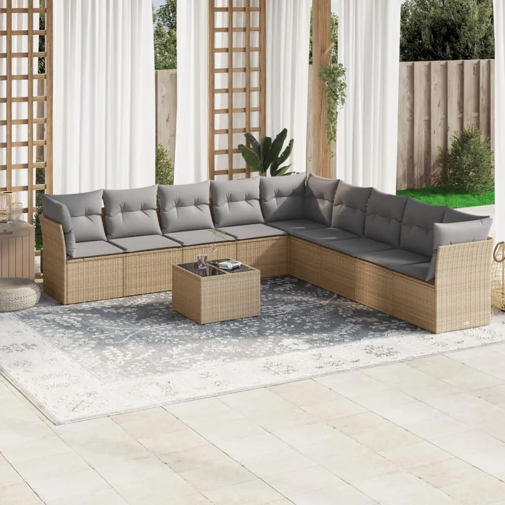 vidaXL 10 pcs conjunto de sofás p/ jardim com almofadões vime PE bege