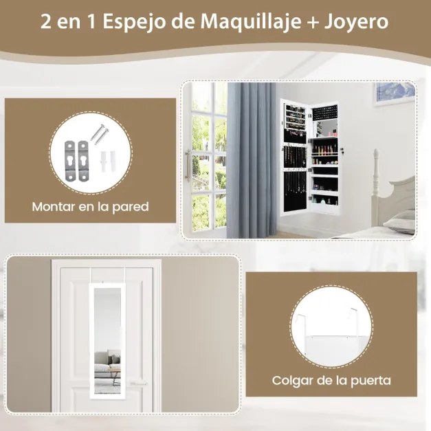 Espelho com Armário de joias com 12 LEDs montado na parede, organizador de joias, caixa de joias  37 x 8,5 x 120 cm branco