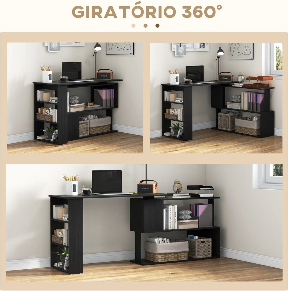 Mesa de Computador Secretária Mesa de Canto Giratória 360° com 5 Prateleiras 120x110x74,5 cm Preto