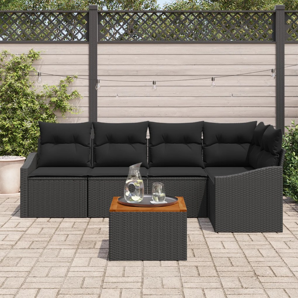 Conjunto de Sofá de Jardim com 6 Peças com Almofadas Preto Rattan Poli