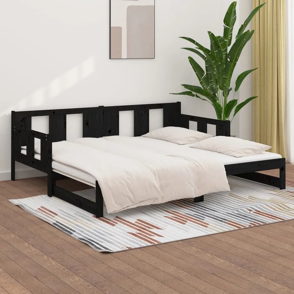 Sofá-cama de puxar pinho maciço preto 2x(80x200) cm