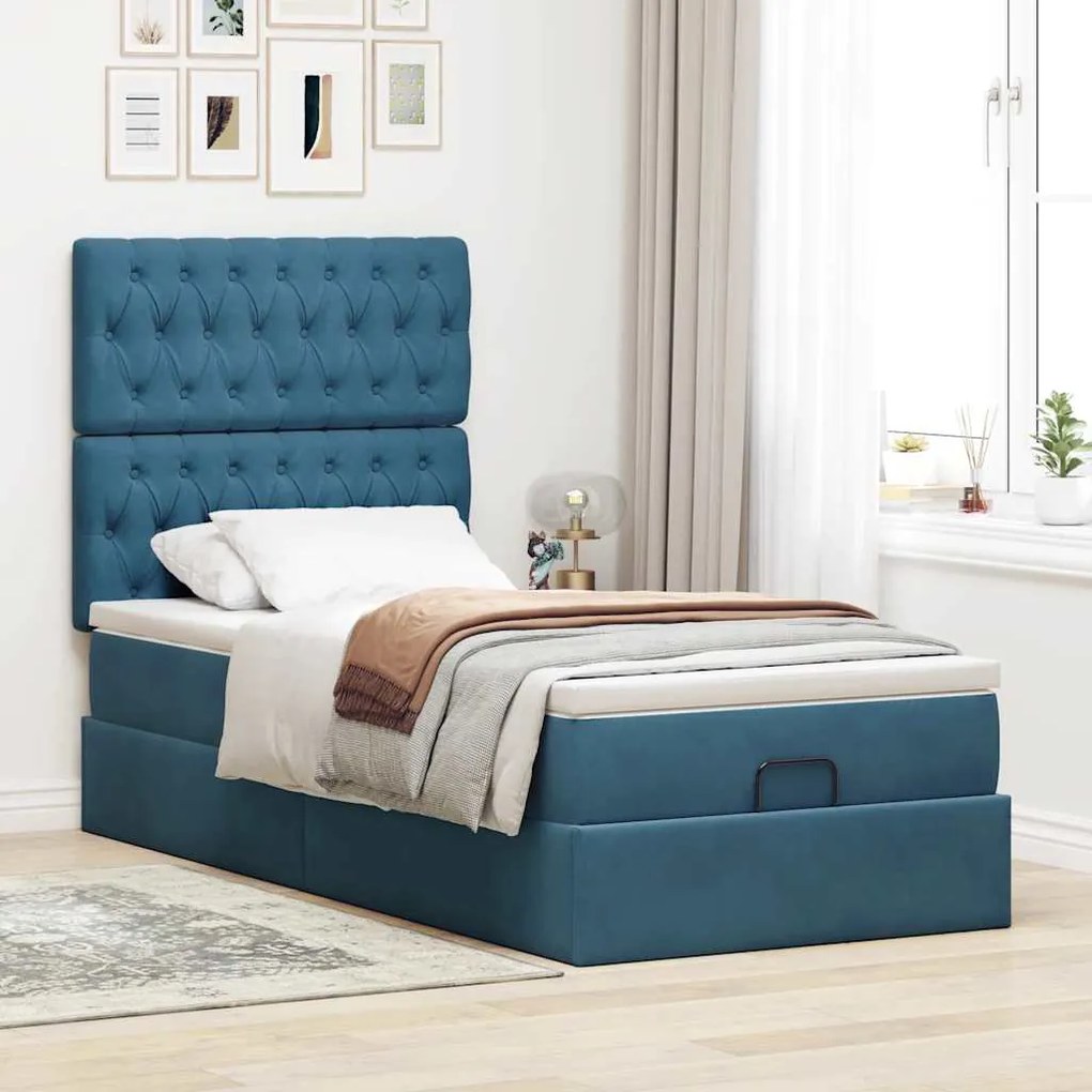 Estrutura cama otomana com colchões azul escuro 90x190cm veludo