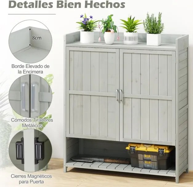 Bancada jardinagem para Exterior 100 x 38 x 118 cm com Armazenamento Armário de Madeira Maciça com Prateleiras Removíveis e 2 Portas Cinza