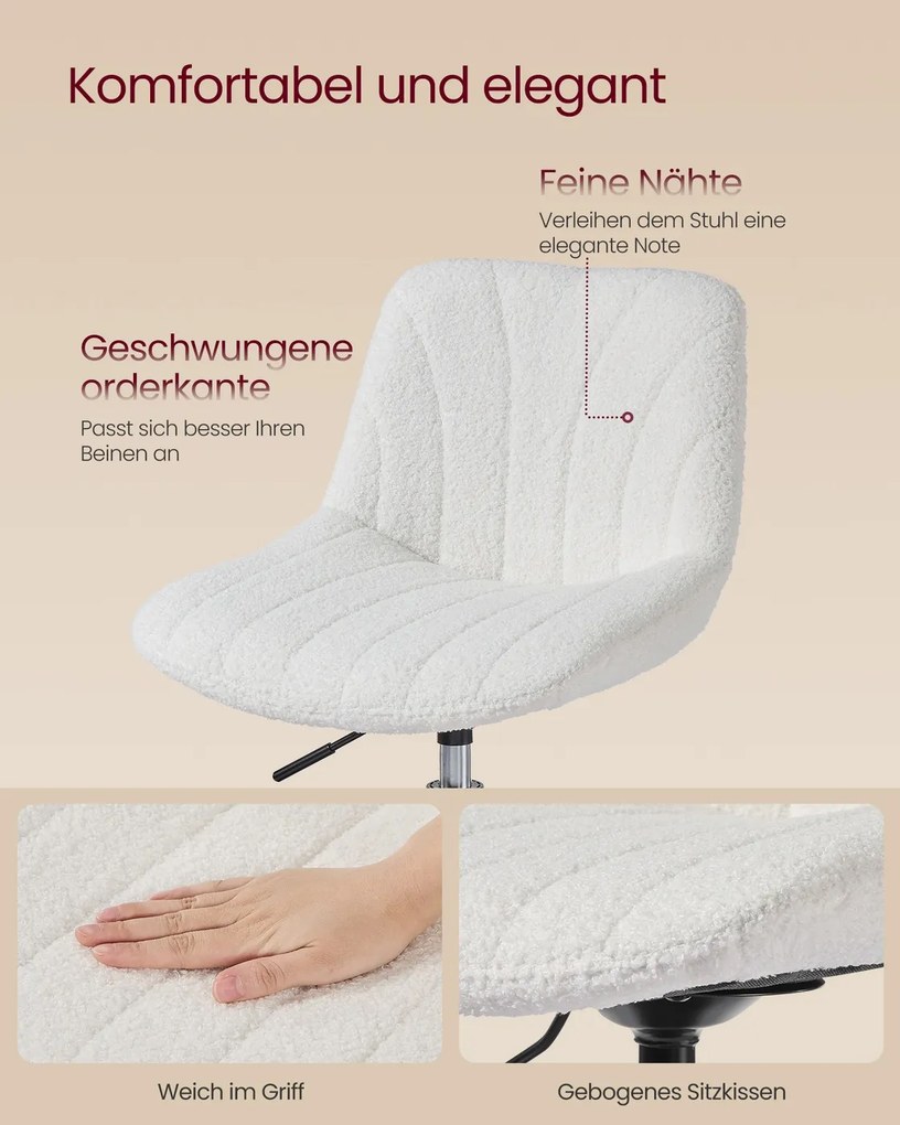 Banco para toucador em tecido sherpa com encosto e assento giratório 46,5 x 43 x (65,5-77,5) cm, branco creme