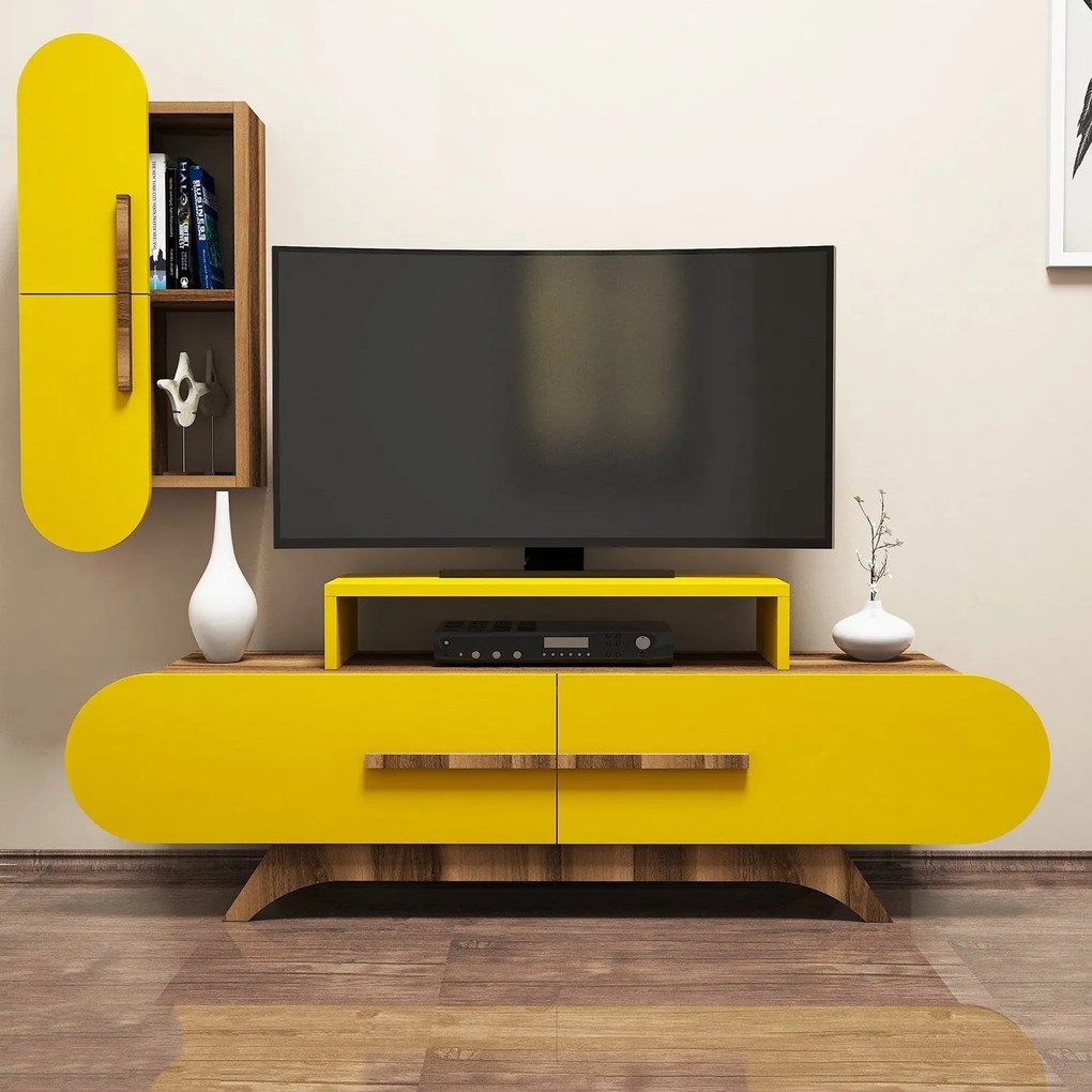 Móvel TV Rose S – Nogueira e Amarelo – 145x49,8x36,8 cm