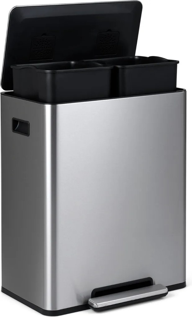 Cubo do lixo de 60 L para cozinha 54 x 34 x 67 cm com 2 compartimentos, tampa com pedal e alças laterais Prata