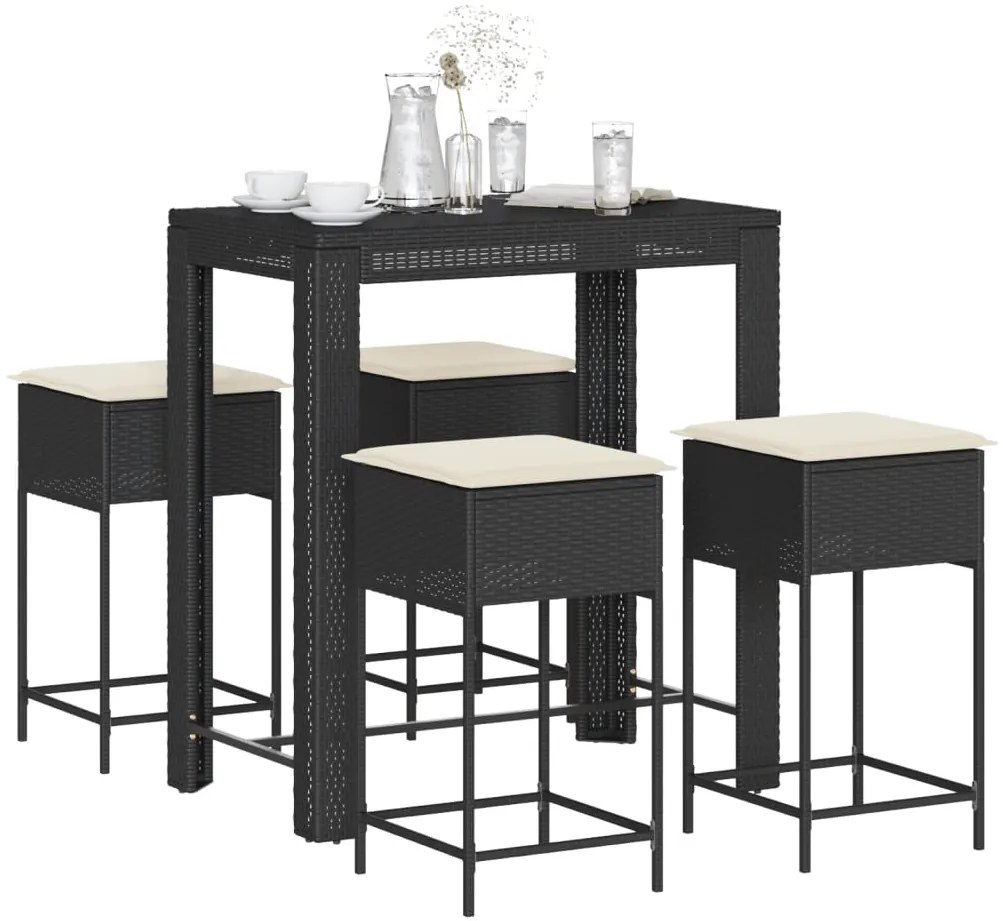 5 pcs conjunto de bar p/ jardim c/ almofadões vime PE preto