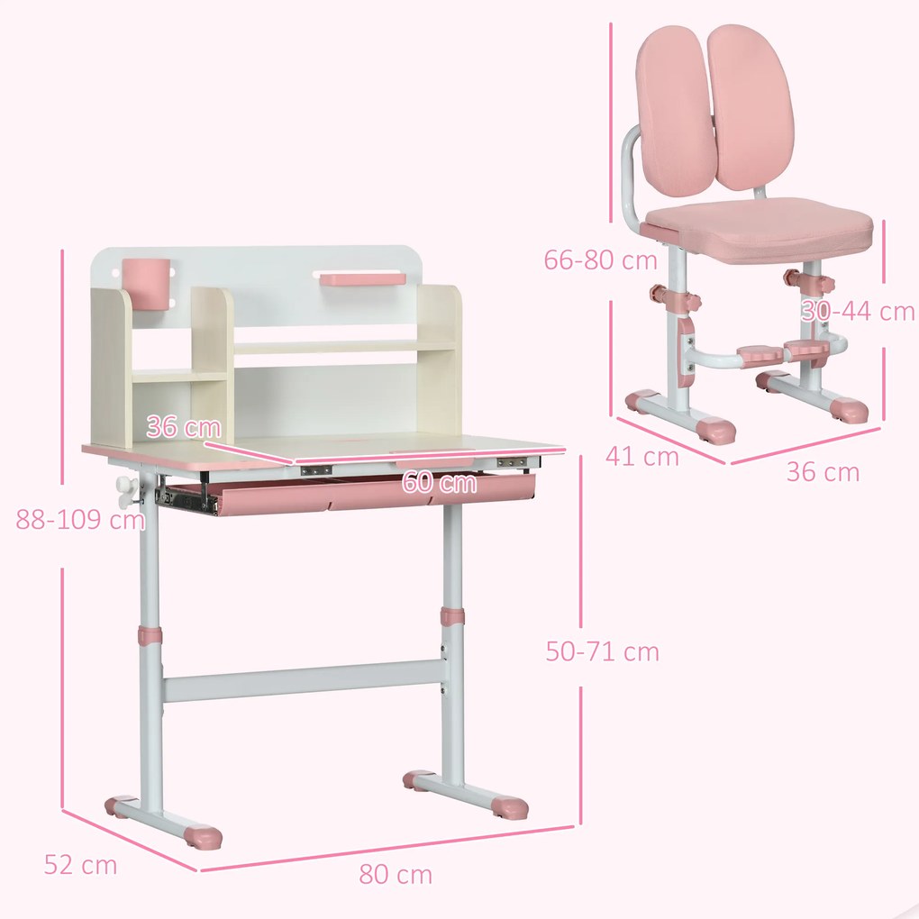 Conjunto de Secretária e Cadeira para Crianças com Altura Ajustável Gaveta Prateleiras e Bancada Inclinável 80x52x88-109 cm Rosa e Branco