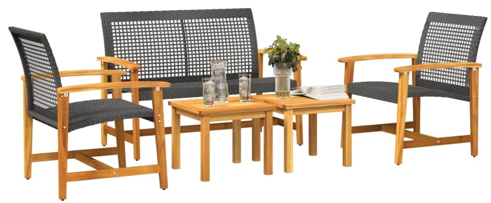 5 pcs conj. lounge para jardim vime PE e madeira acácia preto