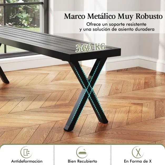 Banco de metal para jardim para 2 pessoas com assento de ripas e pernas X 138 x 36 x 46 cm Preto