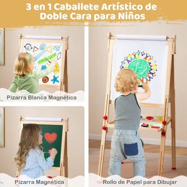 Cavalete de Arte em Madeira para Crianças Dobrável 3 em 1 de Dupla Face com Quadro Magnético Quadro Branco Natural