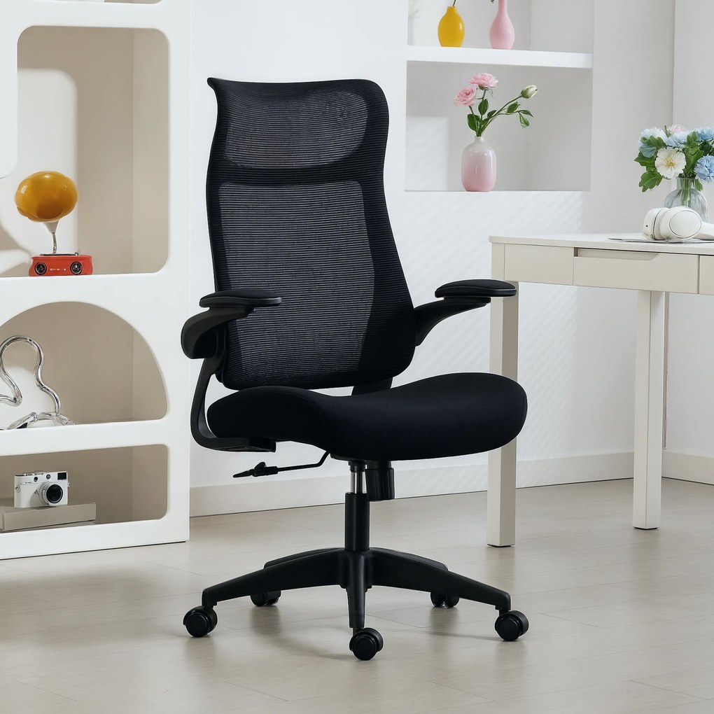 Cadeira de Escritório Ergonómica com Suporte Lombar e Apoios de Braços 3D Dobráveis Função de Basculante 64x65x108-118 cm Preto