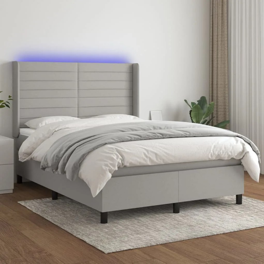 vidaXL Cama box spring c/ colchão e LED 140x200 cm tecido cinza-claro
