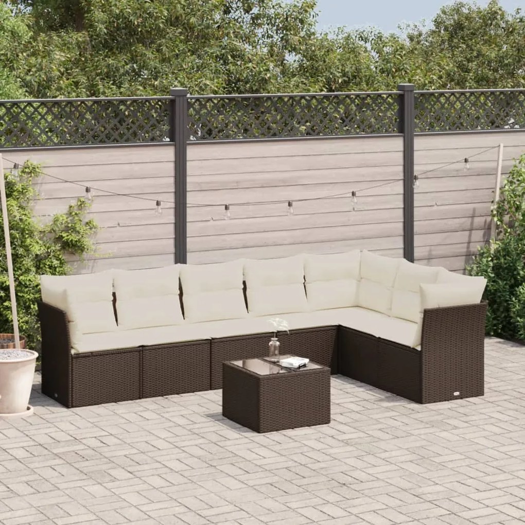 8 pcs conjunto sofás de jardim c/ almofadões vime PE castanho