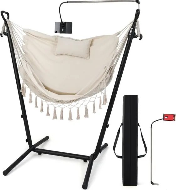 Cadeira de baloiço com suporte de altura ajustável de jardim exterior com estrutura, suporte para telemóvel, almofada e bolso lateral bege