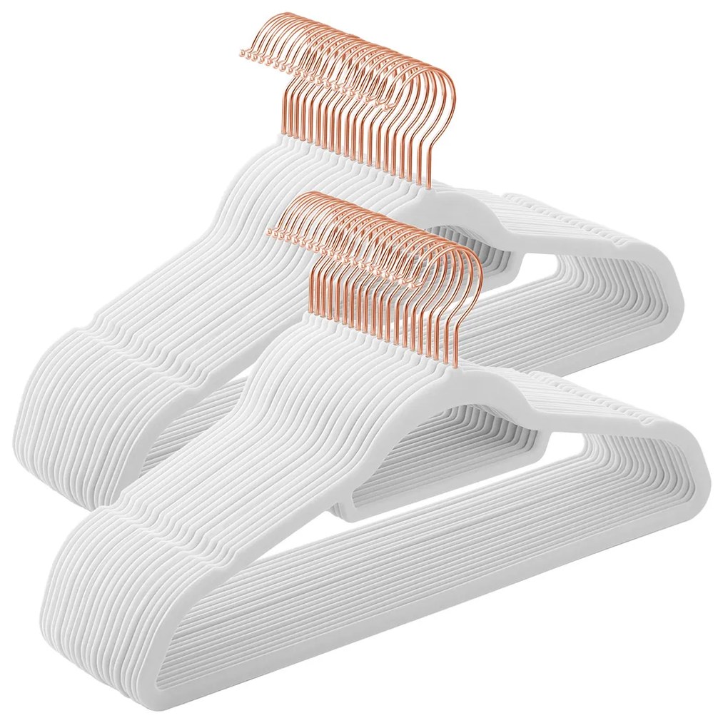 Cabides de veludo SONGMICS, conjunto de 50 cabides para roupas, antiderrapantes, com barra de gravata e gancho em ouro rosa, economizam espaço, 0,6 cm de espessura, 43,5 cm de comprimento, para vestidos e calças, branco CRF021W02