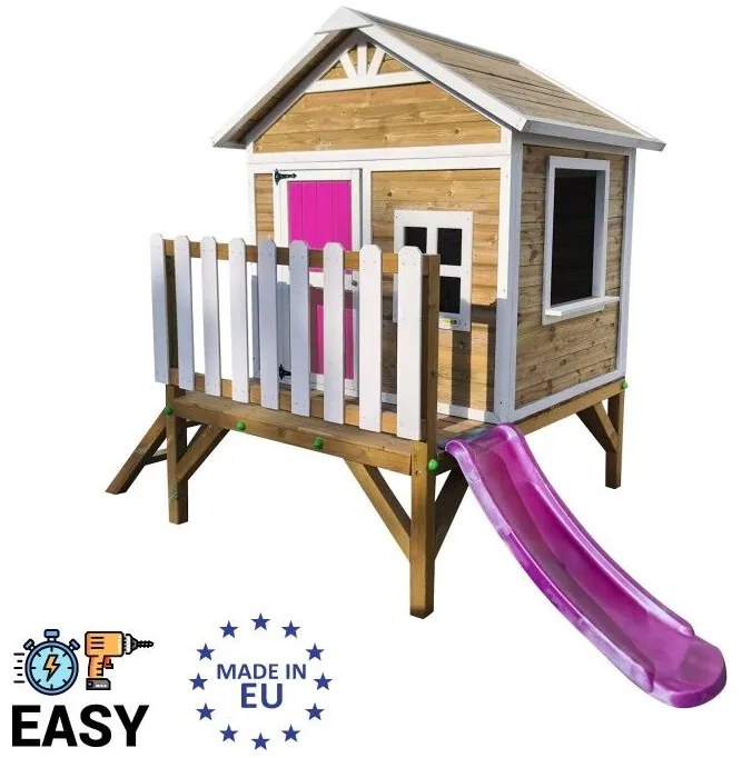 Casa de brincar para crianças  200 x 209,5 x 225,5 cm de madeira em painéis FLAM elevada 60 Com escorrega Rosa