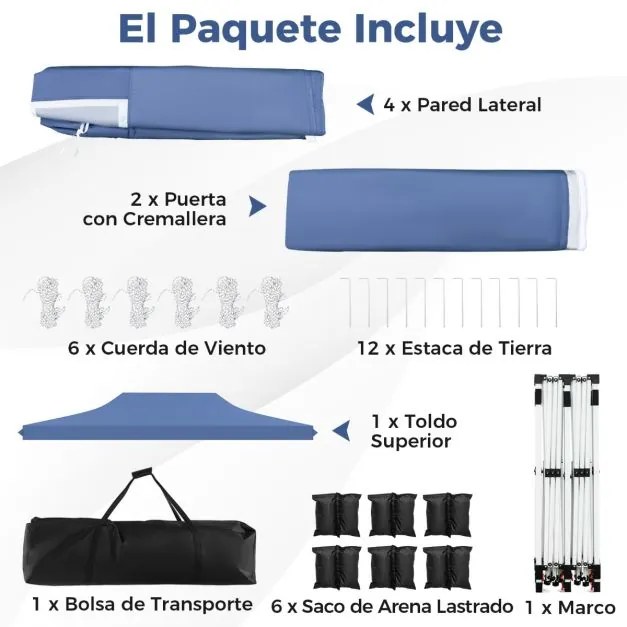 Tenda jardim, festas, eventos de 600 x 300 cm com 6 paredes laterais removíveis, com 6 pesos com bolsa de transporte Azul