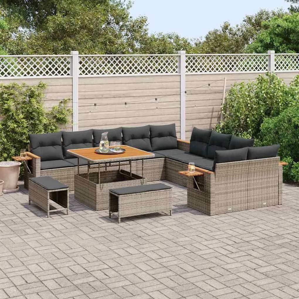 Conjunto de Sofá de Jardim de 13 Peças com Almofadas Cinzento Rattan S