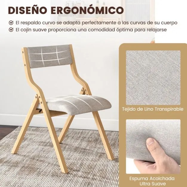 Conjunto de 2 cadeiras dobráveis (MESA NÃO INCLUIDA) de madeira com assento acolchoado em tecido de linho, sem braços, para convidados, 48 x 60 x 78 c