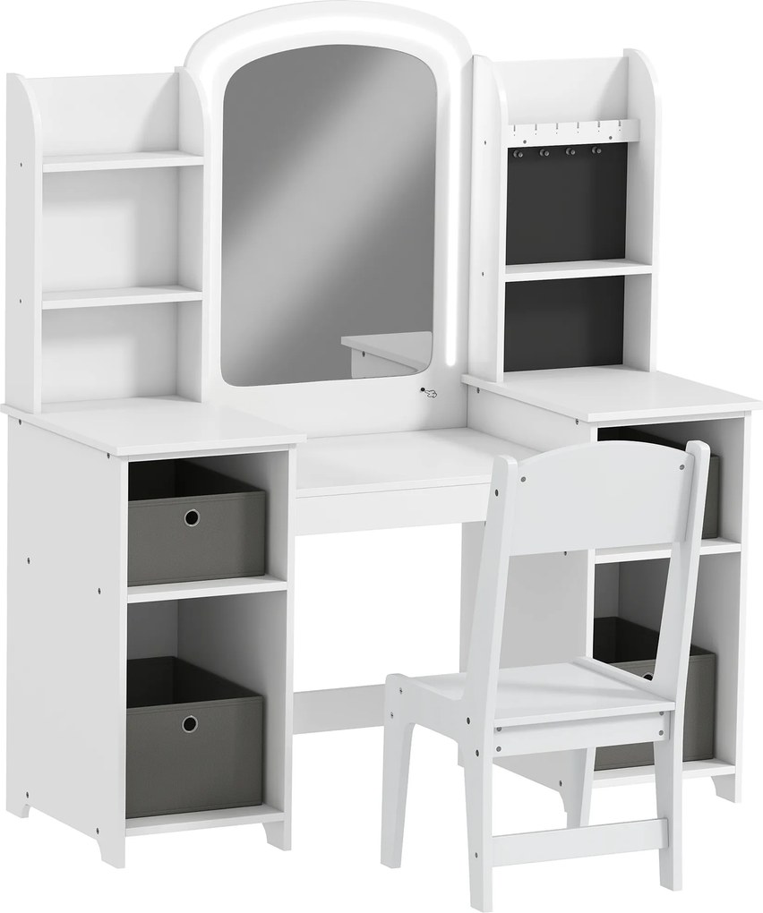AIYAPLAY Penteadeira Infantil com Espelho LED, Cadeira, Gavetas em Tecido, Ganchos para Joias e Prateleiras, 3-8 Anos, Branco | Aosom Portugal