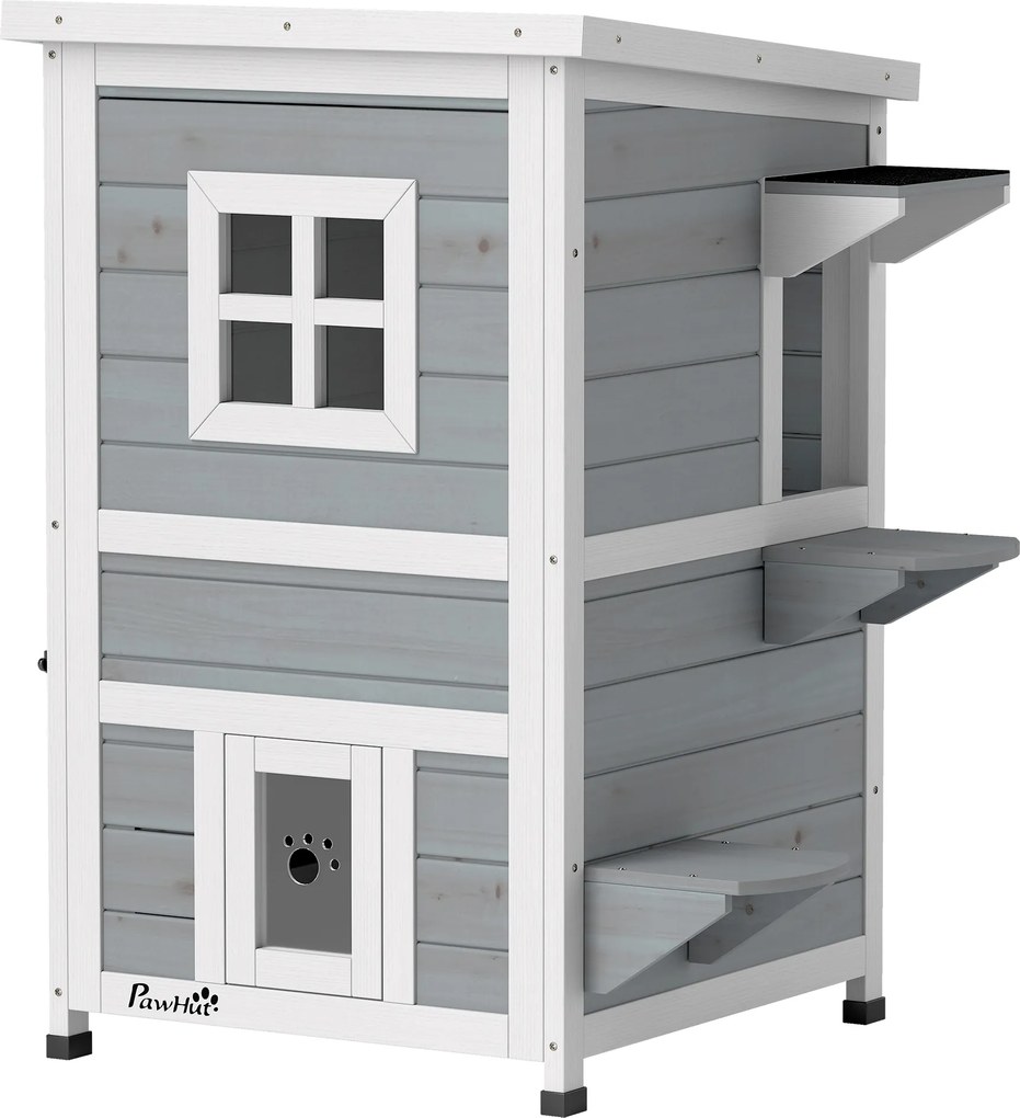 PawHut Casinha para gatos de madeira 2 andares resistente ao inverno à prova d'água com telhado de asfalto escadas janela toca para gatos abrigo exterior para jardim varanda 51 x 51 x 81,3 cm Cinza claro | Aosom Portugal