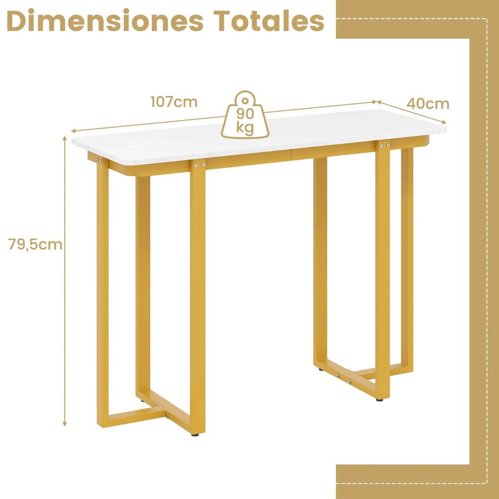 Mesa Consola Mesa de Entrada Moderna em Mármore Artificial 107 x 40 x 79,5 cm Branco e Dourado
