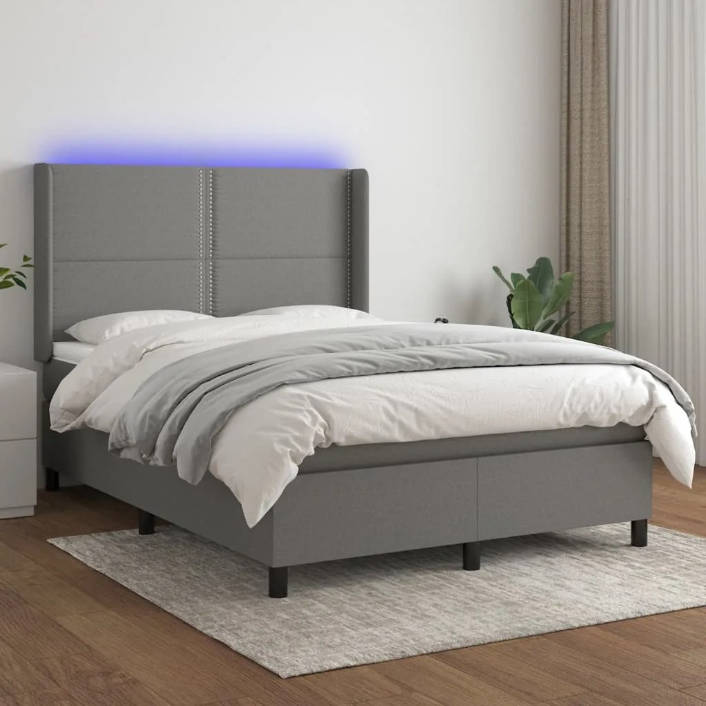 Cama box spring c/ colchão e LED 140x190 cm tecido cinza-escuro