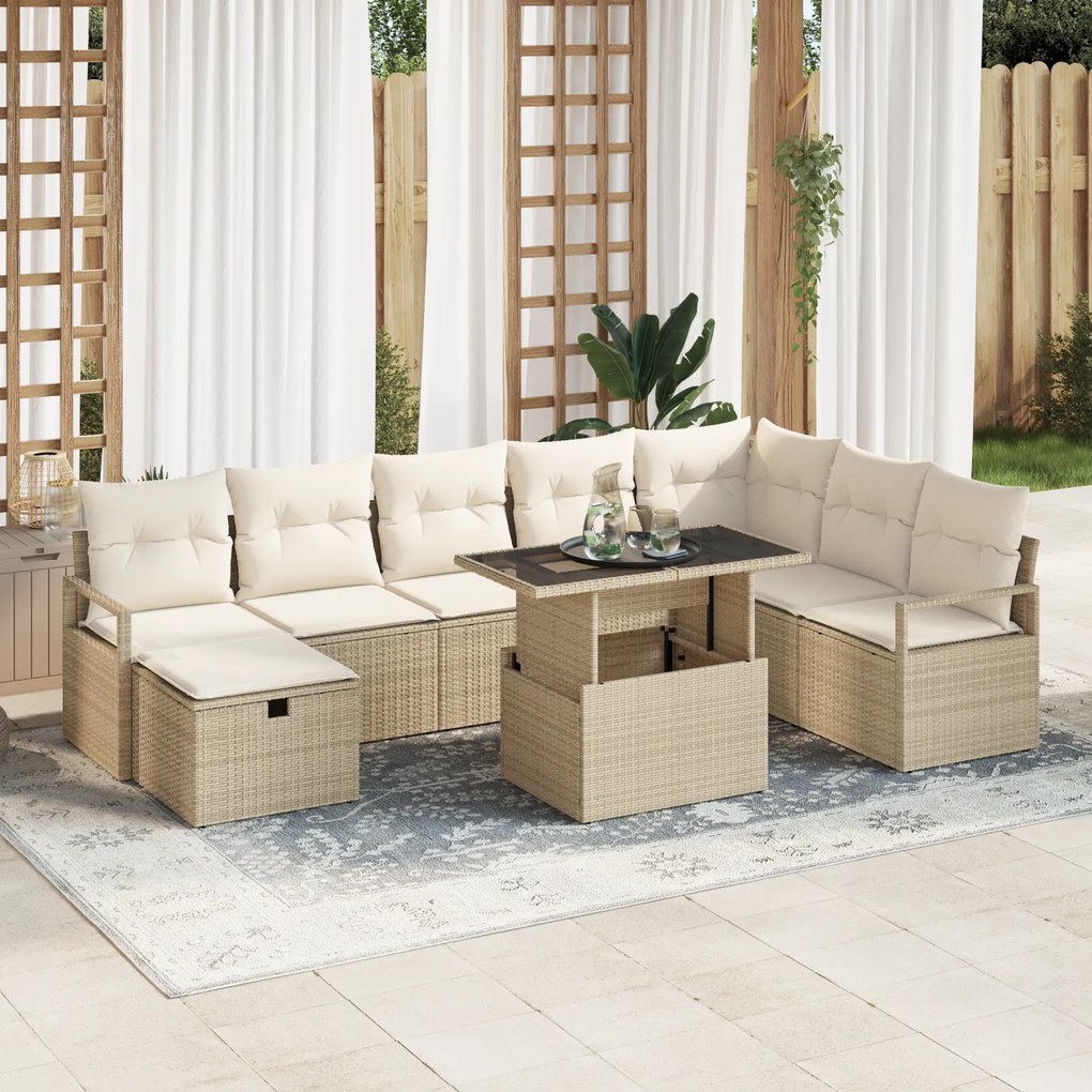Conjunto de Sofá de Jardim de 9 Peças com Almofadas Bege em Rattan Pol