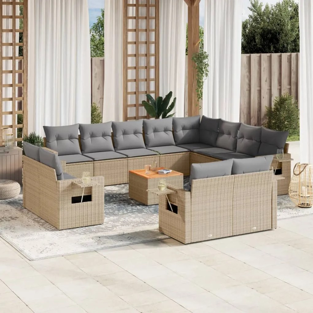 13 pcs conj. sofás jardim c/ almofadões vime PE bege misturado