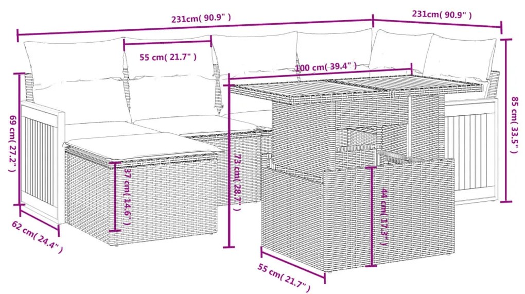 6 pcs conjunto sofás de jardim c/ almofadões vime PE preto