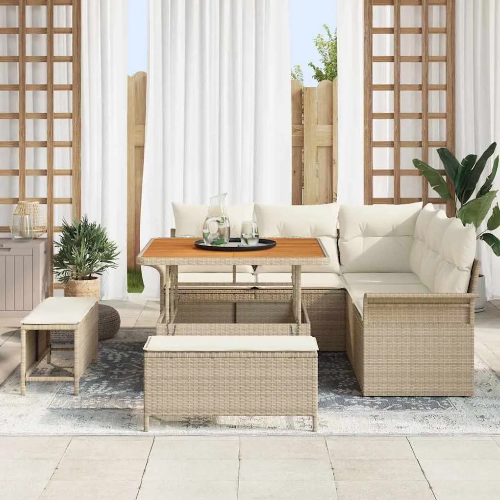 Conjunto de sofá de jardim de 8 peças com almofadas bege, rattan de po