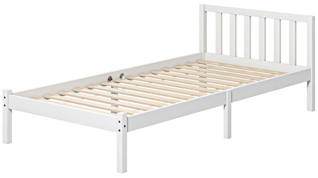 HOMCOM Estrutura de Cama de Madeira Estrado de Cama de Solteiro para Colchão 190x90 cm Carga 120 kg 198x96x70 cm Branco | Aosom Portugal