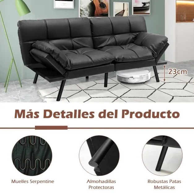 Sofá-cama dobrável de 3 lugares 182 x 87 x 82 cm PU Futon conversível de espuma viscoelástica com encosto e apoios de braços ajustáveis Preto
