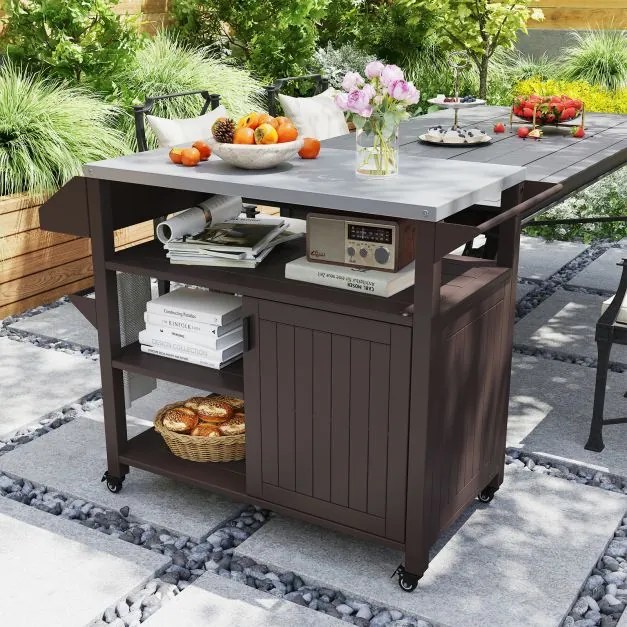 Carrinho para churrasco 116 x 50 x 87 cm com rodas com bancada em aço inoxidável, 3 prateleiras, armário e prateleira para temperos Castanho + Pratead