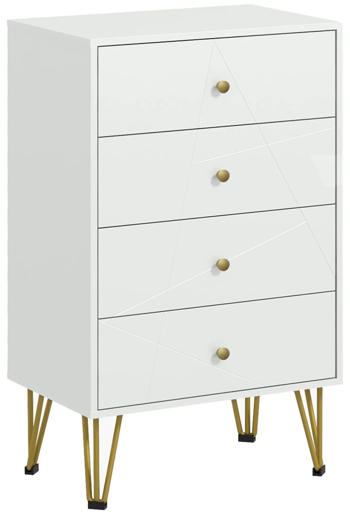 HOMCOM Cómoda de Quarto Moderna Cómoda de Madeira com 4 Gavetas e Pés Metálicos para Sala Escritório 60x40x100 cm Branco | Aosom Portugal